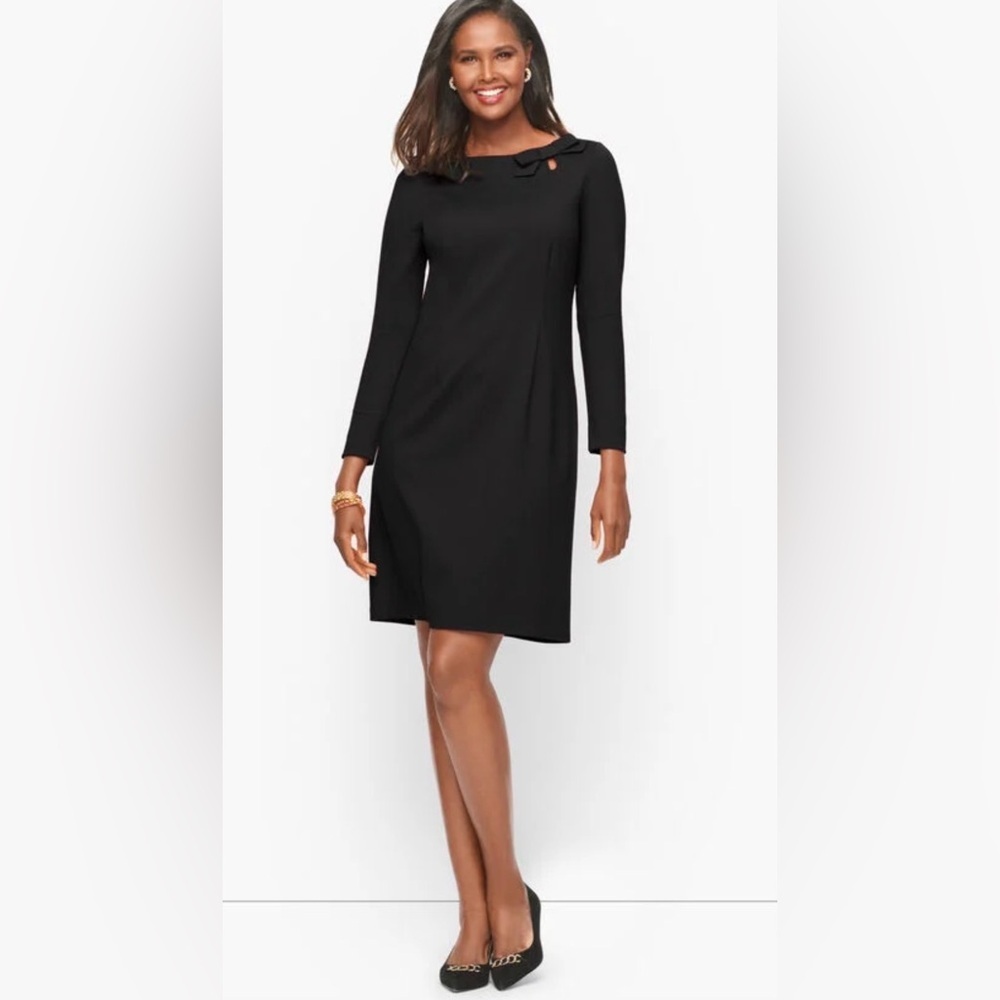 Talbots Black Ponte Knit Bow Detail Long-Sleeve A-Line Dress, Size 14 Petite.